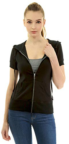 AmélieBoutik Damen-Kapuzenjacke aus Baumwollmischgewebe, mit Reißverschluss, Kängurutasche, kurzärmelig