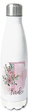 GRAZDesign Trinkflasche Edelstahl personalisiert Name, auslaufsicher Einschulung Geschenk, Thermosflasche Sportflasche Kinder/Erwachsene 500ml Pfingstrose und Eukalyptus