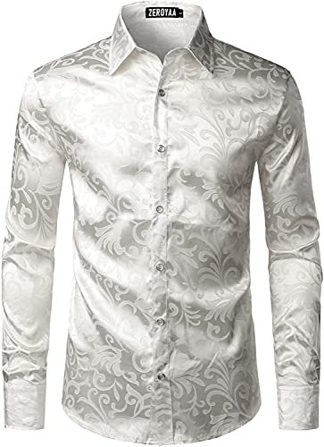 PARKLEES Men's Luxury Jacquard Long Sleeve Dress Shirt Slim Fit Satin Slik Like Floral Printend Shirts for Wedding Party Prom Ivory White L