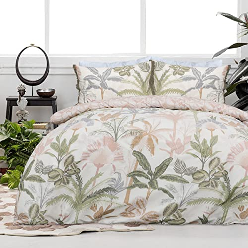Sleepdown Tropische Blätter, Blumenmuster, natürlich, wendbar, Bettbezug, Steppdecke, Quaste, Kissenbezug, Bettwäsche-Set, weich, pflegeleicht – Einzelbett (135 x 200 cm)