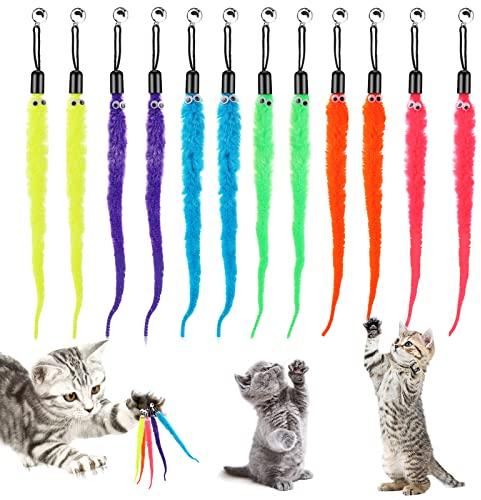 Cobee 12 Stück Katzenwurmspielzeug Nachfüllungen, Katzenstab Spielzeug Ersatzminen pelziger Schwanz Wurm mit Glocken sortierte Teaser-Nachfüllungen mit Glöckchen für Katzen, Kätzchen, Wurm