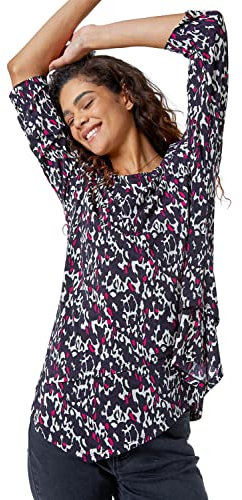 Roman Originals Women Hanky Hem Tunic Ladies Top Asymmetric Hemline Blouse Double Layer Mesh Overlay Jersey Stretchy Summer Spring Flattering 3/4 Sleeve Smart Casual Work - Purple - Size 10