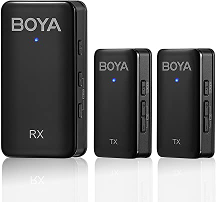 BOYA Microfono lavalier wireless per fotocamere, batteria 20 ore, cancellazione del rumore, doppio canale, mini microfono a clip per DSLR, record, vlog, live streaming