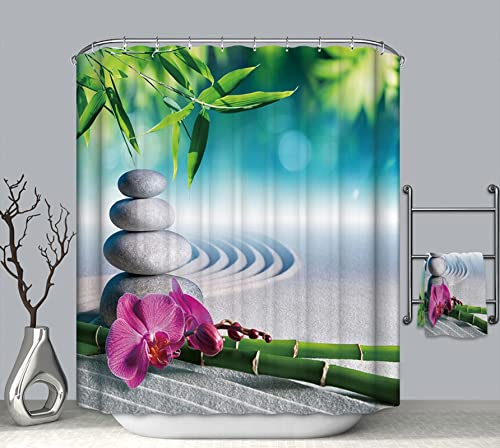 EHOMERY Duschvorhang Wasserdicht Duschrollo Ohne Seilzug Stein-Bambus-Blumen-See-Wasser Polyester Grün Rostfreie Ösen Und 12 Hakenringe, 160X180Cm