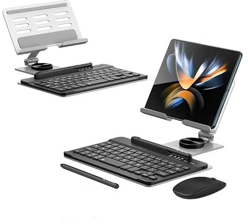 Bluetooth keyboard+Stylus Pen+Wireless Mouse+Tablet Holder Stand for Desk for Samsung Galaxy Z Fold 4 / Fold 3 (Silver)