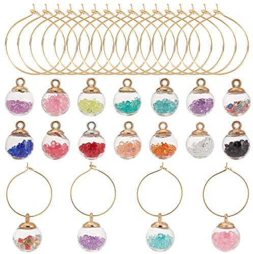 SUNNYCLUE 1 Box 14 Set Wine Glass Charm Drink Charms Making Kit 14Pcs Glass Globe Charms & 20Pcs Brass Wine Rings Golden for Gathering Wedding Holiday Birthday DIY Party Favors Drinks Decorations