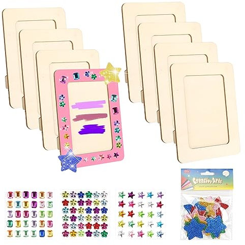 prota 8 Pieces Wood Colour Picture Frame DIY Rectangular Craft Frame Set Photo Frame Children with Glitter Stones Glitter Foam Rubber Sticker for Birthdays Anniversaries