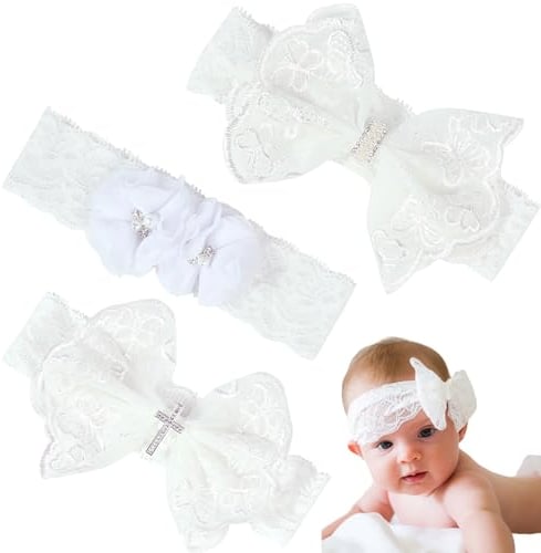 Baby Headbands for Girls 1-12 Months,Forreen 3 Pieces Hair Band Cute Elastic Infant Headband Double Lace Flower Soft Bow Headwear for Party Wedding Photography