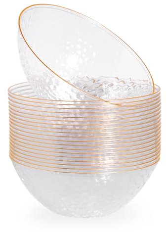 STACKABLES ~ Pack of 20 Clear Bowls with Gold Rim ~ 16oz Round Party Bowls Set ~ Modern Hammered Style Classic Bowls ~ Multi Use Elegant Party Dinnerware Bowls (16oz Bowl)