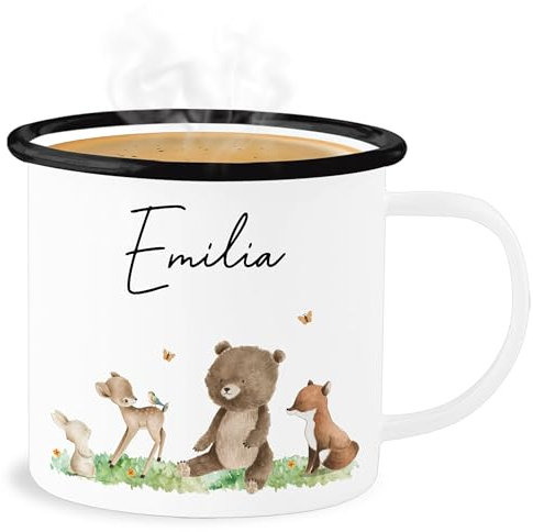 Emaille Becher Blechbecher - Waldtiere Tiere Wald Tier Hase Reh Bär Fuchs - 300 ml - Weiß Schwarz - tasse personalisierte geschenke kindergarten tieren personalisieren dino tiermotiv name kleine