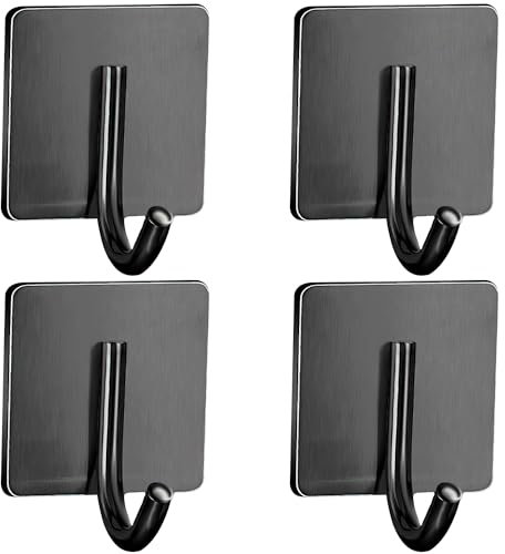 NECXON 4 ganci autoadesivi, ganci da parete da attaccare su ganci da parete resistenti per appendere ganci in acciaio inossidabile per bagno, cucina, soggiorno (nero)