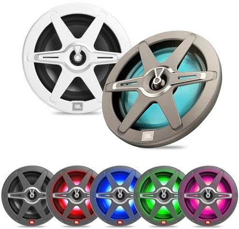 JBL Cassa Club Marine 8'' - 2-Vie Casse Nautiche per Barca High-Performance 450W Peak da Harman Kardon, IPx5 Stereo Marino con Tweeter in Seta, 7 Colori Illuminato, 2 Colori di Griglia inclusi