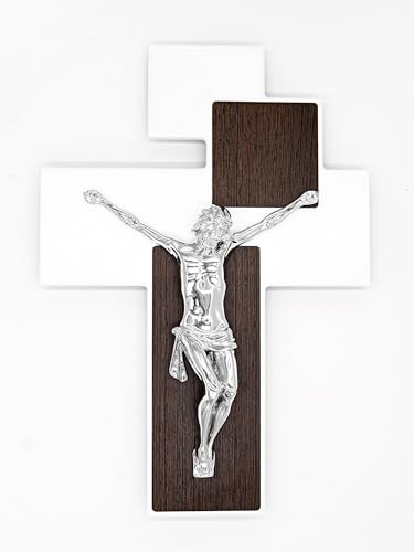 Holy Family Modernes Wandkreuz 42 x 30 cm aus Holz weiß Eiche dunkel mit silbernem Christus