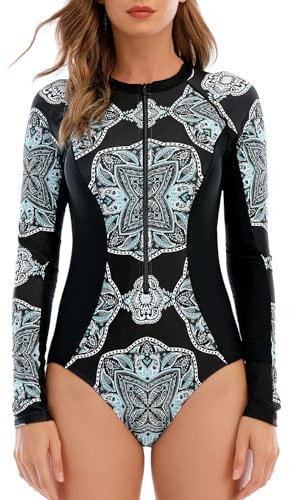Zando Rash Guard Swimsuits for Women, UPF 50+ Long Sleeve Swimsuit Women, One Piece Zip Floral Print Modest Swimwear, Minority, M