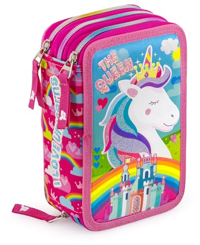 Julian Ross Einhorn The Queen Federmäppchen Kinder, 3 Organisierte Fächer, Federtasche Junge Gefüllt, Mädchen Schulmäppchen, 45 Teilen für die Schule, Klebestift, 20cm