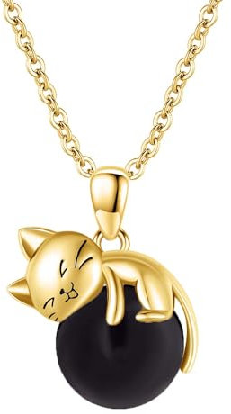 Vadmans Gold Cat Necklace Sterling Silver Black Onyx Cat Pendant Fashion Animal Jewelry Gift for Women
