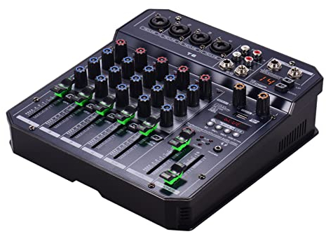 HUIOP T6 Scheda audio portatile a 6 canali Console di missaggio Mixer audio 16 DSP integrato Alimentazione phantom 48 V Supporta connessione BT Lettore MP3 Funzione di registrazione Alimentazione 5 V