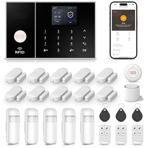 LWOHSI Sistema di allarme per la sicurezza domestica, kit di allarme fai da te 4G/WiFi con avvisi APP Tuya, sensori di movimento, telecomando, funziona con Alexa e Google per villa, casa, appartamento