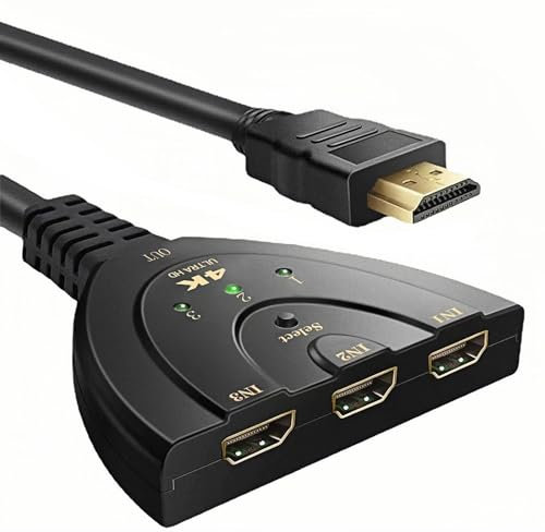 Conmutador HDMI 4K, adaptador HDMI de 3 entradas 1 salida con cable de alta velocidad – Interruptor HDCP 2.2 UHD/3D/4K para TV, F ire Stick, PS5, Xbox, Consolas de juegos, DVD, PC, R oku y más