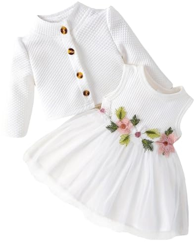 Yoolhamy Flickor klänning och koftor set långärmad bomull prinsessan Tutu klänningar med kappa Outfit för flickor, Ärmlös vit, 18-24 mesi