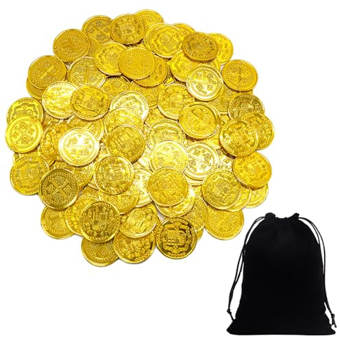 WUFGWBD 100 Cross Gold Coins With Drawstring Bag - Plastic Treasure for Children's Adventure Props, Pirate Themed Chocolate Coins