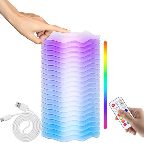 LED Nachtlicht, Touch Tischlampe mit Fernbedienung, 8 Helligkeitsstufen Warmweiß & RGB-Farbwechsel, Eingebaute Wiederaufladbare Batterie, Wellen-Design Nachttischlampe für Kinderzimmer und Wohnzimmer