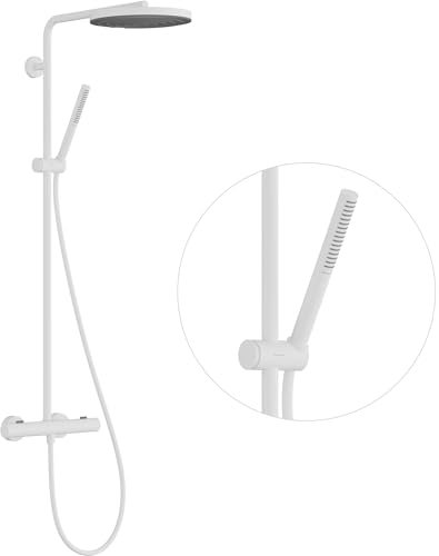 hansgrohe Pulsify S Puro - Duschsystem mit Thermostat, Regendusche (260 mm) mit Armatur, Handbrause, Schlauch, Brausestange und runder Kopfbrause, Mattweiß, 24222700