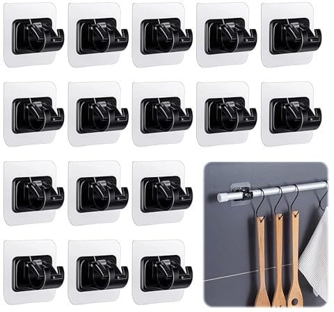 Curtain Rod Holder, 16 Pcs Self Adhesive Bracket, Nail Free Adjustable Holders for Towel Fixing, Home Kitchen Bathroom Hotel (Black)