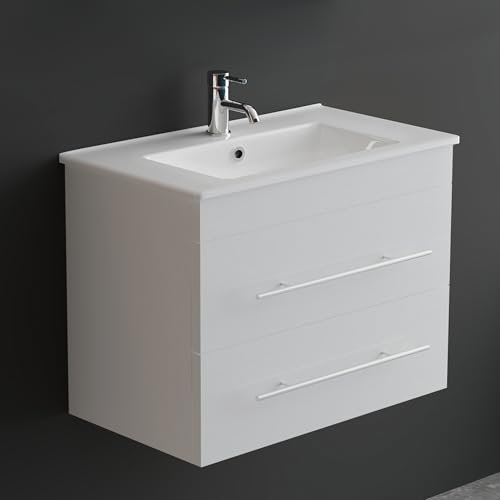 Alpenberger Badmöbel Set mit Waschbecken | Badschrank mit 2 Schubladen | Hängeschrank Bad | Waschtisch mit Unterschrank | Badezimmer Möbel | Waschbeckenunterschrank Weiß - 70 cm