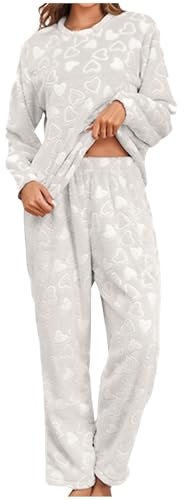 Pigiama Donna Invernale Set da 2 Pezzi in Flanella Spessa Soffice - Pile con Stampa di Cuori - Set da Salotto Morbido Caldo per la Casa con Felpa e Pantaloni