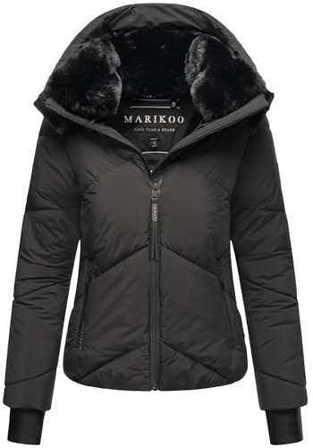 MARIKOO Damen Winterjacke warme Steppjacke mit Fellkragen und (Abnehmbarer) Kapuze Simaraa XVI Black Gr. M