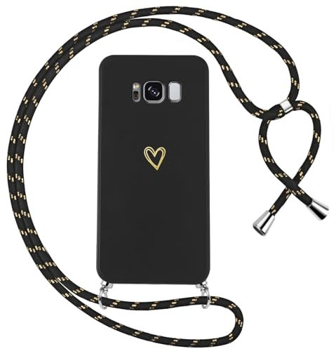 Oelrstfe Handyband für Samsung Galaxy S8 Hülle mit Band Herz Motiv Handyhülle für zum Umhängen Silikon Stoßfest Ultra Dünn Weich Schutzhülle mit Kordel Necklace Kette Love Muster Case,Schwarz