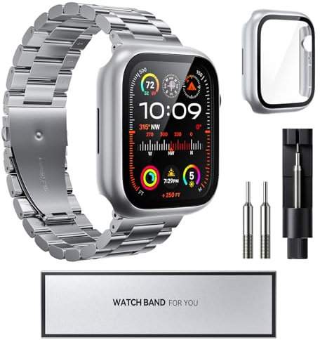 Compatible with Apple Watch Strap, 49mm 45mm 46mm 44mm 42mm 41mm 40mm 38mm, Metal iWatch Straps with Case for Apple Watch Ultra Series 10 9 8 7 6 5 4 3 2 1 SE (Silver, 42mm)