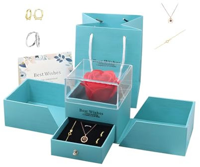 Geschenk für Freundin,Ewige Rose,Geschenkbox,Kette Rosegold Damen,Ohrringe Rosegold, Ringe,Liebesbrief,Valentinstag Hochzeitstag Geschenk (Halskette +Paar Ringe+Ohrringe, Wassergrün + Goldfarbe)