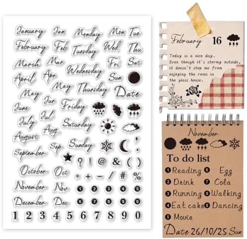 PH PandaHall Handgeschriebener Monat Klarer Stempel für Kartenherstellung, Datum-Wetter-Silikon-Stempel Zahlensymbol Transparenter Gummistempel Siegel-Stempel für Journal, Postkarte, Scrapbooking