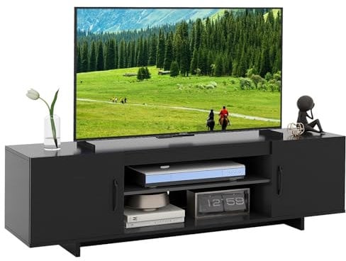 CASART TV Stand Cabinet for 70 Inch TVs, Wooden TV Unit with Charging Station, 2 Storage Cabinets & Open Shelves, Large Media Cabinet TV Console Table for Living Room Bedroom (Black)
