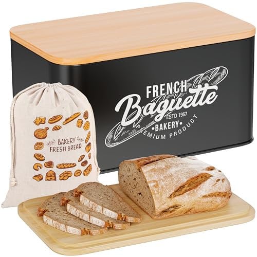 Hovea - Retro Bread Bin “French Baguette” - 30 x 18 x 13,7 cm - Metal & Bamboo - With Bread Bag - For Crusty Loaves, Sliced Bread & More - Keeps Bread Fresh - Vintage Black Breadbin - BP301