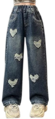 Flyswiner Teen Girls Kids High Waist Boot Cut Loose Jeans Casual Washed Pants Baggy Trousers Dark Blue Hearts Ripped 170 13-14 Years