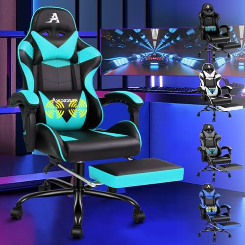 ALFORDSON Silla para Videojuegos, Silla de Escritorio de Oficina ergonómica, Silla de Carreras con Masaje, reposapiés retráctil, Altura Ajustable y reclinable, Capacidad de 180kg, Cuero de PU, Cian