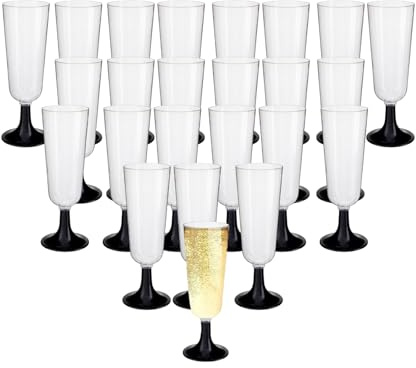 HOMESHOPA 24 Pack Plastic Champagne Flutes, Clear Wine Glasses Black Base, Unbreakable Reusable Cocktail Prosecco Glasses for Weddings Birthdays Christmas BBQ & Garden Parties