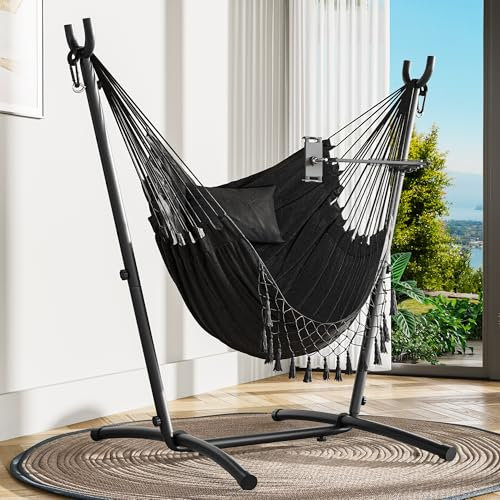 YITAHOME Hammock with Stand, Max. load 150 kg, Hammock Stand with Hanging Swing, 158x110x140 cm, Sturdy Steel Frame, Swing Chair with Adjustable Phone Holder for Patio, Balcony and Garden, Dark Gray