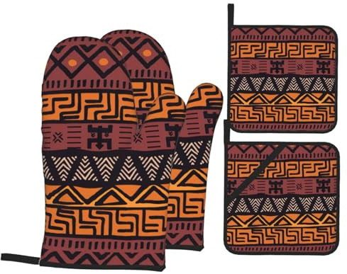 Manoplas de horno y soportes para ollas de tela de barro africano, 4 piezas, guantes de cocina gruesos resistentes al calor para cocinar a la parrilla