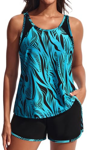 Hanna Nikole Blouson Tankini Swimsuit for Women Tummy Control Bathing Suit Adjustable Straps Sprot Swimwear Blue Ripples X Large