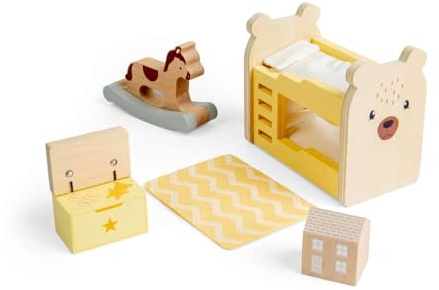 Bigjigs Toys Kinderzimmer-Set | Puppenhausmöbel aus Holz | Zubehör für Kinderpuppenhaus | Miniatur-Puppenzimmer Spielset mit Holz-Etagenbett, Spielzeugtruhe & Teppich | Geschenke für Kinder ab 3