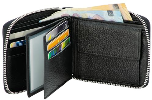 WILD THINGS ONLY !!! Herren Geldbörse Echt-Leder RFID-Schutz | sicheres Portemonnaie mit umlaufendem Reißverschluss, Querformat, viele Kartenfächer, kompakt (Schwarz)