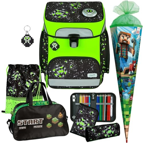 Pridera Scooli Schulranzen Jungen 1.Klasse EasyFit (7tlg. Set mit Sporttasche und Schultüte R, Space Robots - Pixel - Glow Edition)