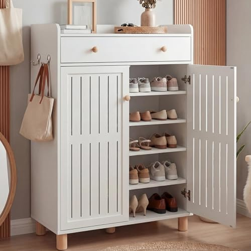 Blisswood Shoe Cabinet with Drawer & 2 Doors, Wooden Shoe Storage Cabinet Cupboard, 5 Tier Shoe Rack with Adjustable Shelves for Hallway Entryway Living Room Furniture (White, 75Wx36Dx115H cm)