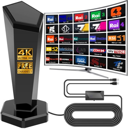 Antenna TV Interna, Antenna Tv Interna Amplificata Potente | Ricezione 360° fino a 500 km con Base Magnetica,Supporto HD/4K/1080,adatta per la ricezione di canali locali