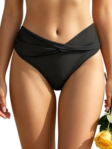 SHEKINI Maillot de Bain Femme Bas de Bikini Mid-Waisted Triangle Classique Bas de Maillot de Bain Devant Plissé Ruched Moderate Coverage Maillot de Bain Plage Slip de Bain
