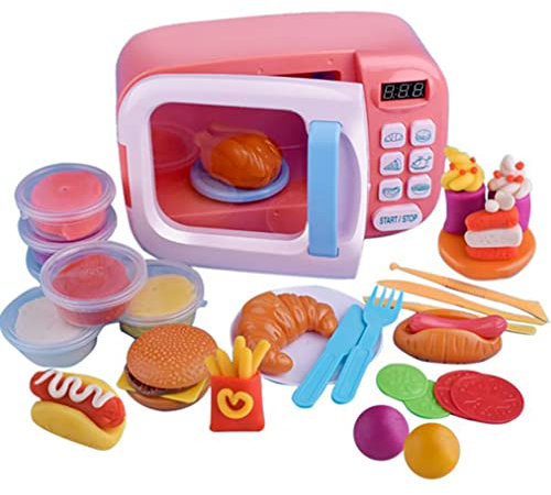 Microwave Kitchen Toy Play Set - Kids Children Pretend Kitchen Fake Food Included with Rotating Effect Light Sound - Great for Toddlers 3 Years +